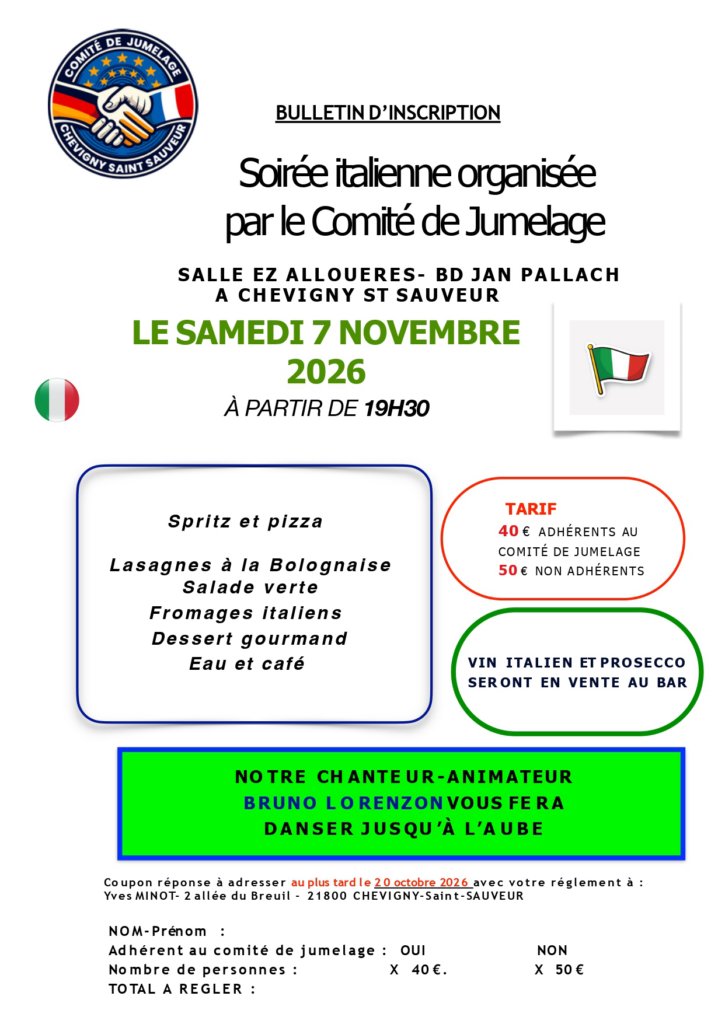 Jumelage CHEVIGNY-ST-SAUVEUR – Bobenheim-Roxheim&nbsp;: Soirée italienne et dansante